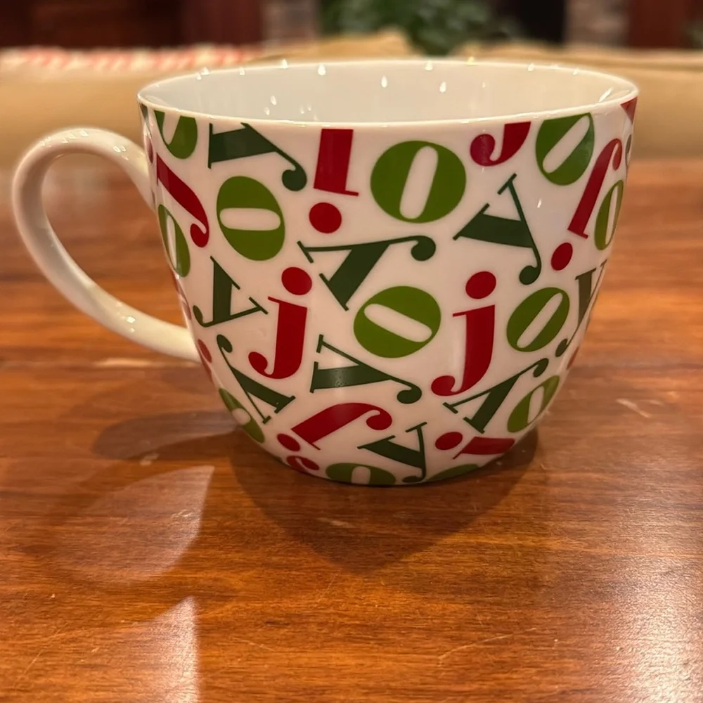 Crate&Barrel JOY Christmas Mug Red Green Holiday White Red Green Festive Cup